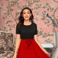 Front view of The Carmine Waltz knit dress in black and red