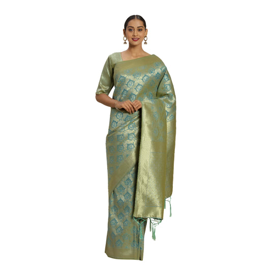 Close-up of golden zari floral motifs on pista green Banarasi fabric