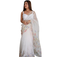 Studio shot of model standing in classic organza saree pose