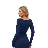 Back view of full sleeve blue knit dress – isolated on white