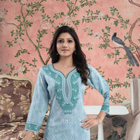Front view: Blue kurti against sandstone walls