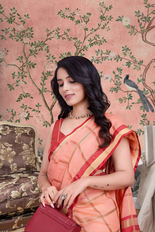 Front view of peach checkered saree glowing in royal ambiance