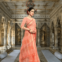 Peach Kota Doria saree displayed front-facing, golden checks shining against red contrast border