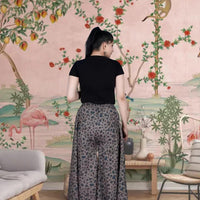  Back angle of grey cotton palazzo with elegant print