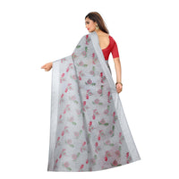 Grey cotton saree neatly pleated in standing pose on white studio background