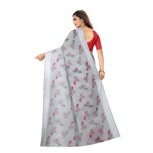 Grey cotton saree neatly pleated in standing pose on white studio background
