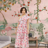 Front view of one-shoulder floral explosion