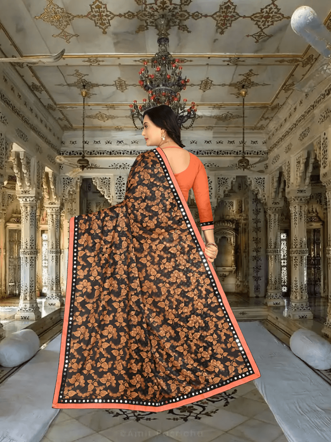 Model twirling: navy fabric with orange ombré, butterflies appearing