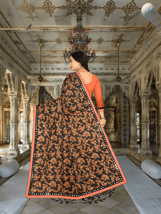 Model twirling: navy fabric with orange ombré, butterflies appearing
