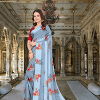 South Indian model in blue saree/red blouse with bindi