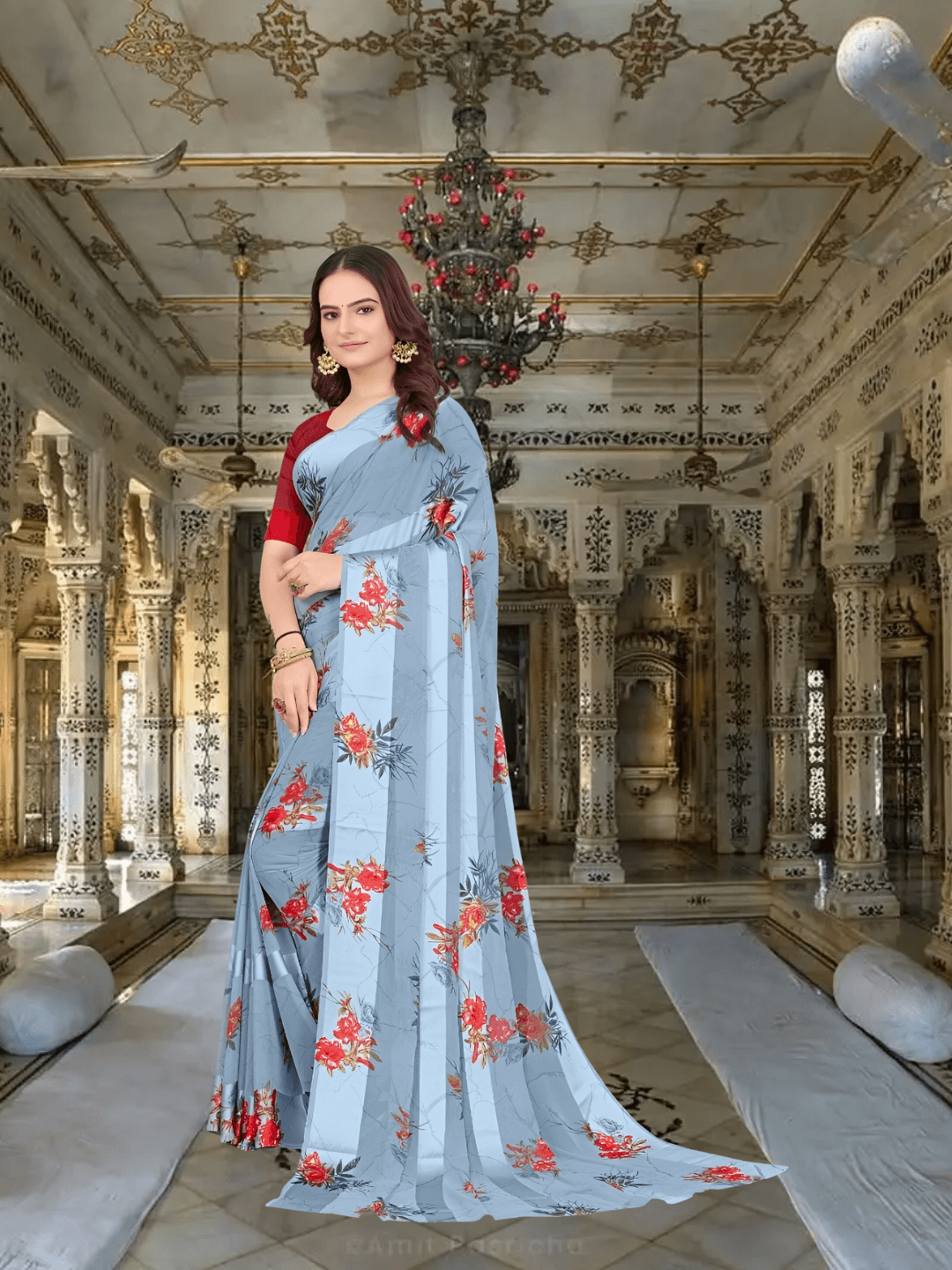 South Indian model in blue saree/red blouse with bindi