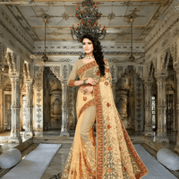 Model mid-step, saree flowing like frozen music, gold stitching catching light