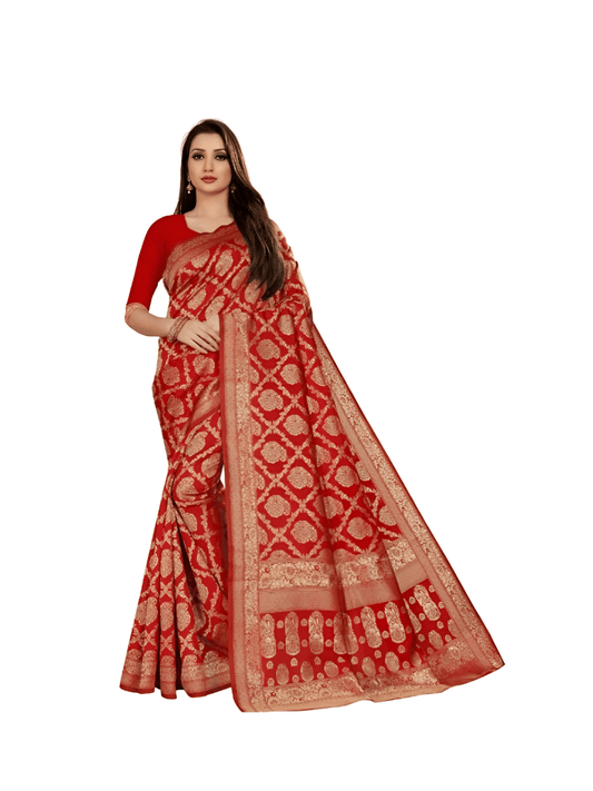Top-view of pallu cascading down shoulder, gold threads catching royal light