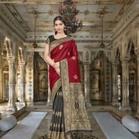 Red-black saree, gold borders refracting like damned souls