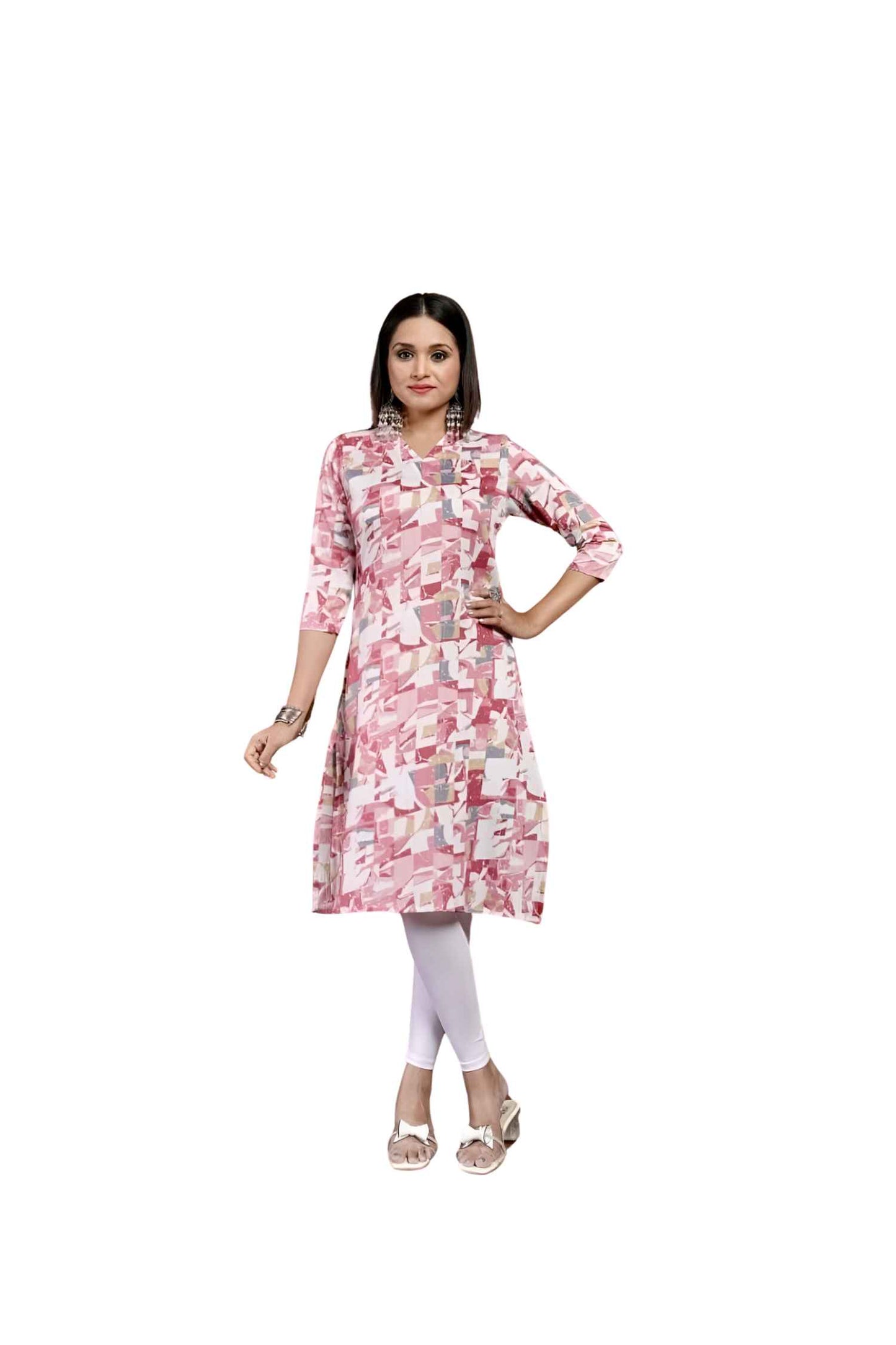  Isolated front view highlighting the bold print and collar neck