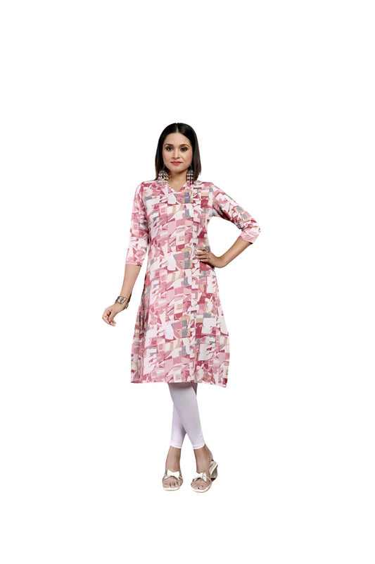  Isolated front view highlighting the bold print and collar neck