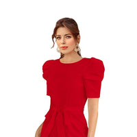 Front view of Crimson Covenant dress on plain background