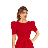 Model in Crimson Covenant dress, no background
