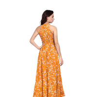 Back angle of sleeveless yellow daisy dress showing halter straps and fitted silhouette, clean white background