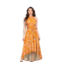 Front view of yellow halter-neck floral dress with vibrant daisy print, isolated on white background