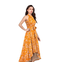 Side profile of yellow floral dress with playful above-knee hemline, isolated on pure white
