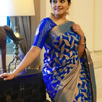  front angle of blue printed Litchi silk saree