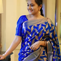  front angle of blue printed Litchi silk saree