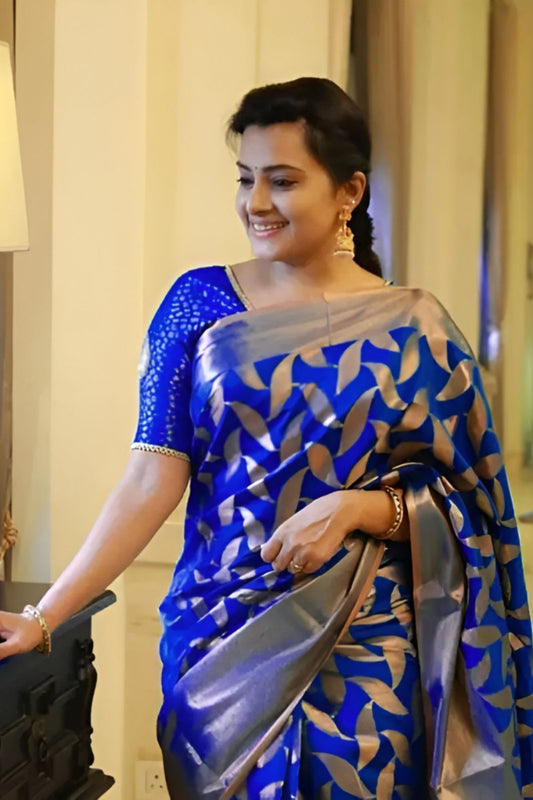  front angle of blue printed Litchi silk saree