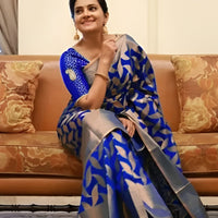 front angle of blue printed Litchi silk saree