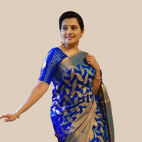Studio front angle of blue printed Litchi silk saree