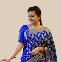 Studio front angle of blue printed Litchi silk saree