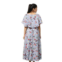 Studio back shot of full-length floral gown in grey crepe