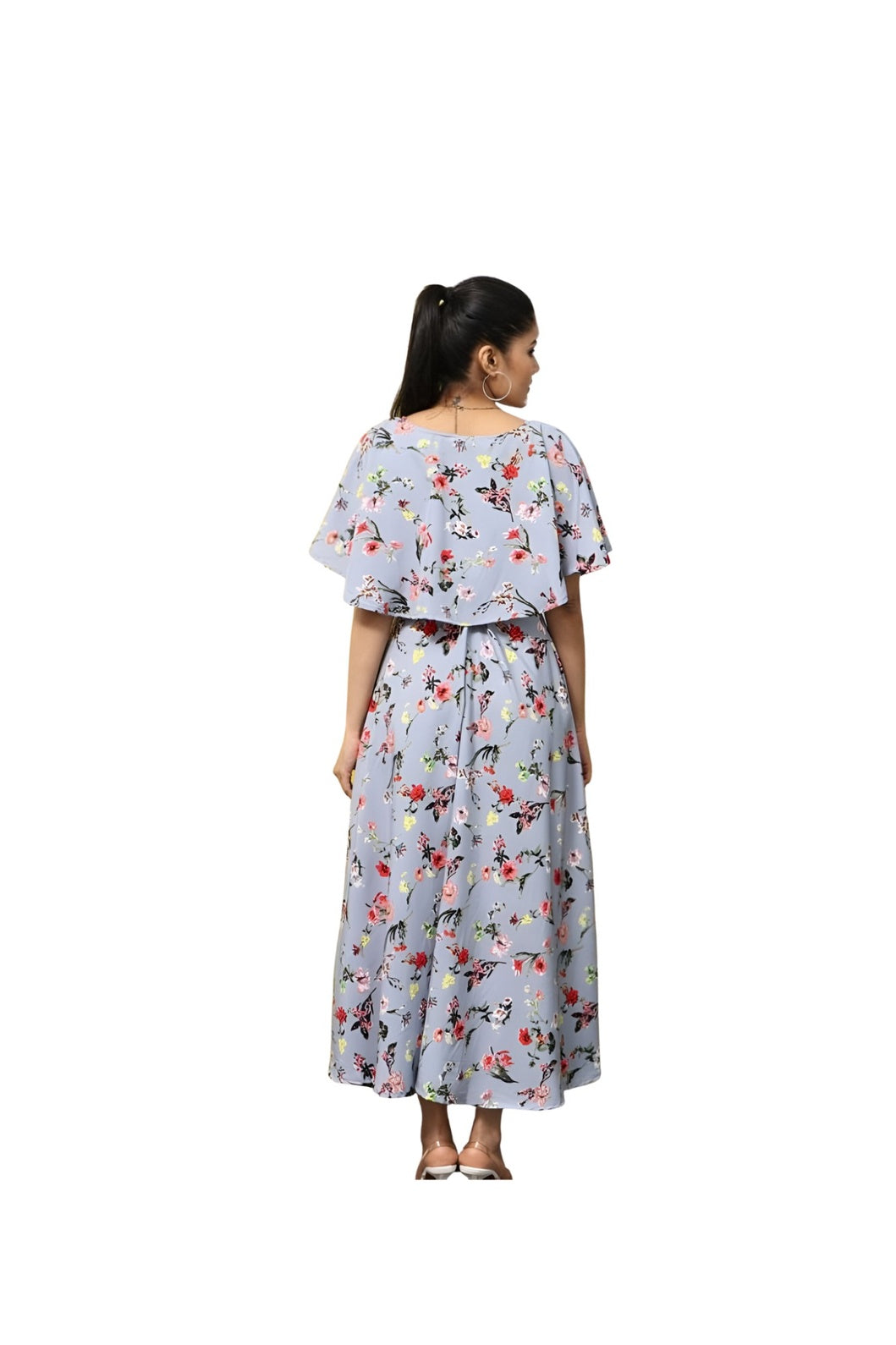 Studio back shot of full-length floral gown in grey crepe