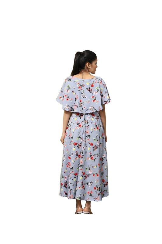 Studio back shot of full-length floral gown in grey crepe