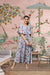 Front view of light grey floral gown for women in palace room setting