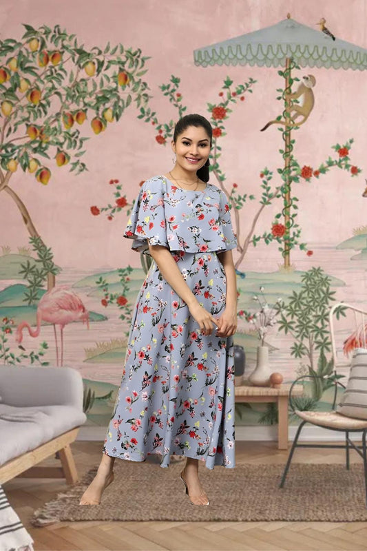 Front view of light grey floral gown for women in palace room setting