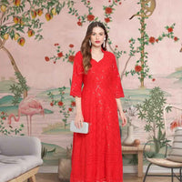  Front view: Scarlet kurti glowing against a firelit backdrop