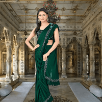 Emerald green Lycra saree with shiny black blouse – party wear drape