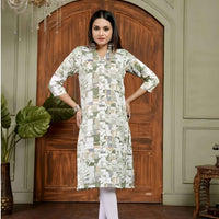 Front view: Green kurti with a forest backdrop, soft and inviting