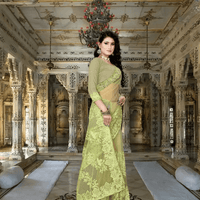 Netted pista green saree glowing under vintage palace lanterns, embroidery catching warm gold

