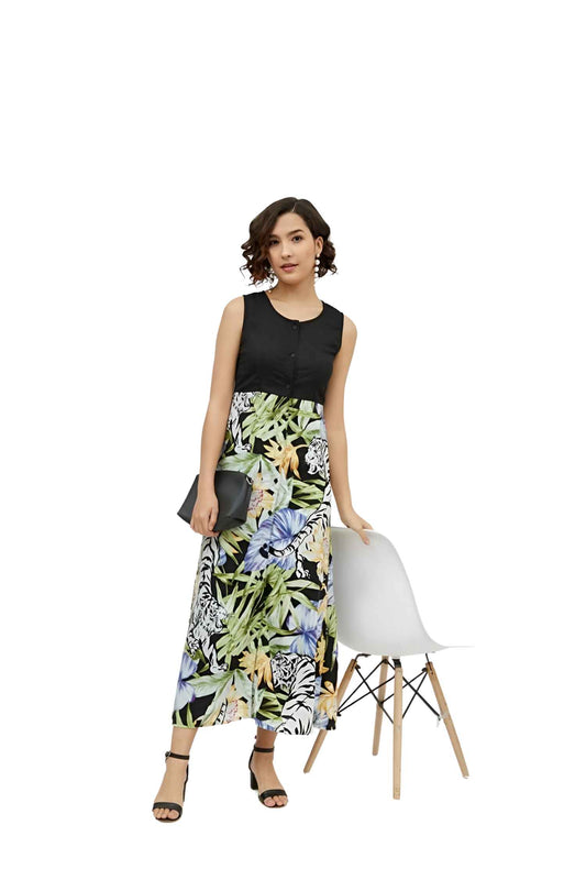 Sleeveless black-and-floral dress isolated on white, highlighting the dramatic color contrast