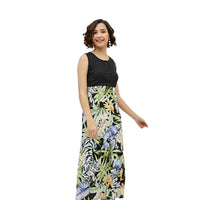 Side silhouette of calf-length dress showing sleek bodice and flowing skirt