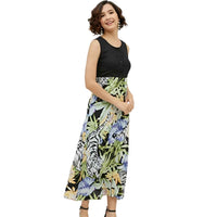 Side silhouette of calf-length dress showing sleek bodice and flowing skirt