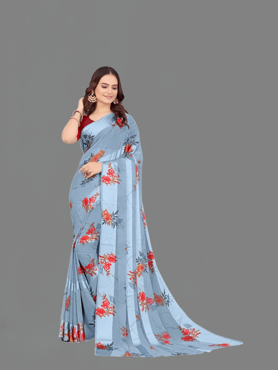 No Asymmetric floral prints on light blue saree pallu