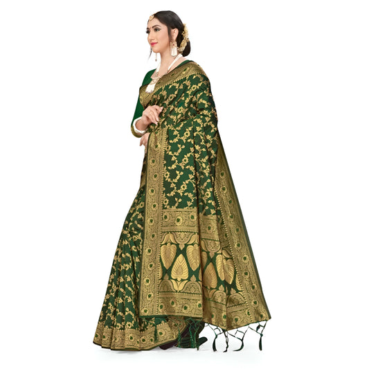 Dark green Banarasi flat lay on white background, gold borders and embroidery visible