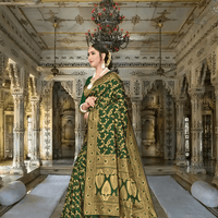 Model walking: gold leaf patterns appearing to rustle with motion