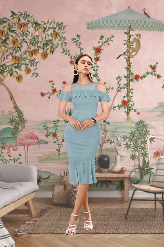  Front view: Dress plotting world domination via ruffled shoulders