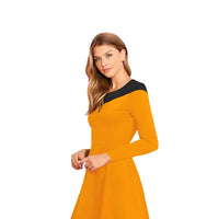 Side profile of dress showing contrast panels and silhouette, no background.