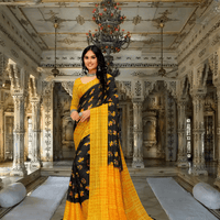 Yellow-black georgette saree glowing in sunlight – solar-lunar contrast