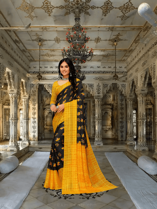 Yellow-black georgette saree glowing in sunlight – solar-lunar contrast